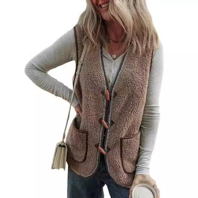 Chaleco Cardigan Sin Mangas de Contraste de Colores en Felpa para Mujer - Image 4