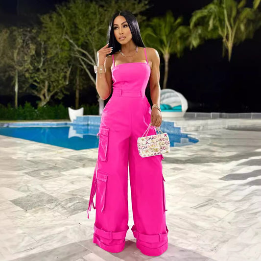 Jumpsuit de Trabajo para Mujer con Bolsillos Múltiples y Pierna Ancha
