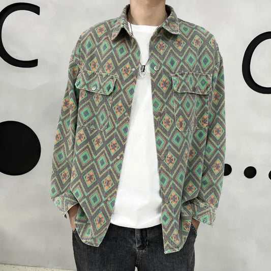 Chaqueta Vaquera Delgada Estampado Flor de Anacardo - Camisa Versátil para Hombre