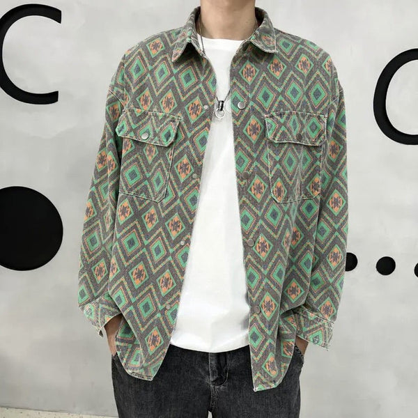 Chaqueta Vaquera Delgada Estampado Flor de Anacardo - Camisa Versátil para Hombre