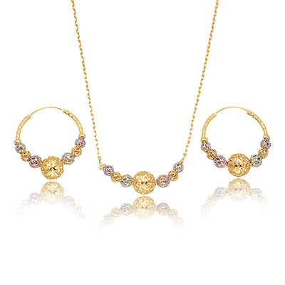 Multicolor cutout round beads necklace and matching hoop earrings set with gold, silver, and purple beads. - Image 10