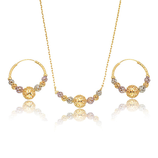 Multicolor cutout round beads necklace and matching hoop earrings set with gold, silver, and purple beads. - Image 10
