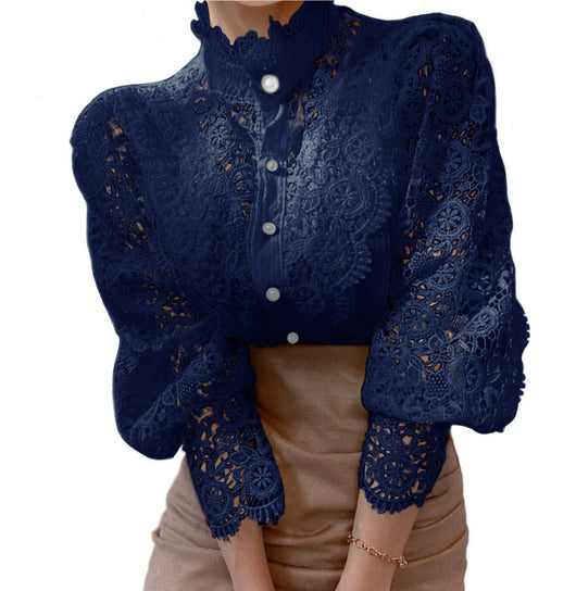 Blusa Elegante de Encaje Floral Hueco con Cuello Mao y Mangas Largas - Image 13