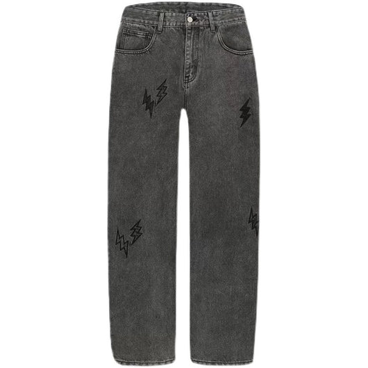 Jeans Rectos Sueltos Desgastados con Bordado de Rayo para Hombre - Image 5