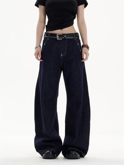 Pantalones Jeans Azul Oscuro Retro Corte Recto Ancho Casual - Image 2