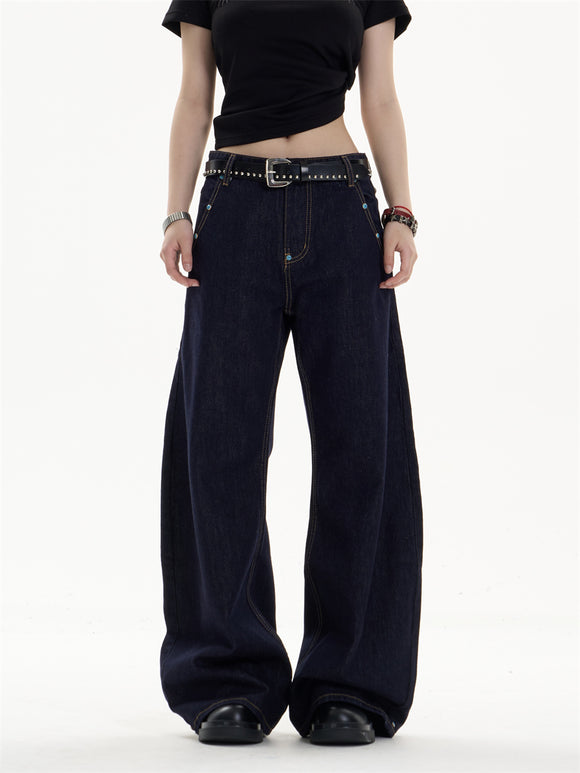 Pantalones Jeans Azul Oscuro Retro Corte Recto Ancho Casual