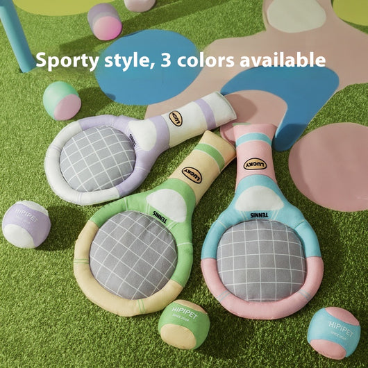 Plush dog toy set featuring a green and beige tennis racket (29cm) and a matching 6cm tennis ball. - Image 2