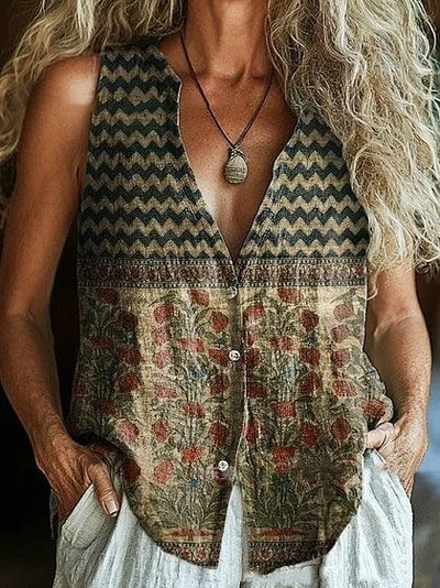 Spring New Trendy Button Vest Vintage Floral V-neck Shirt