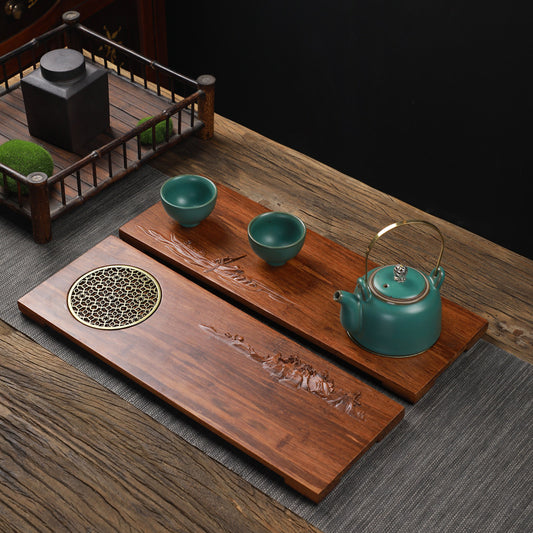 Bandeja de Té Retro de Madera Maciza con Abanico Decorativo