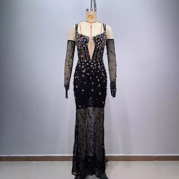 Vestido de Malla Elegante con Cristales Brillantes y Cintura Ajustada