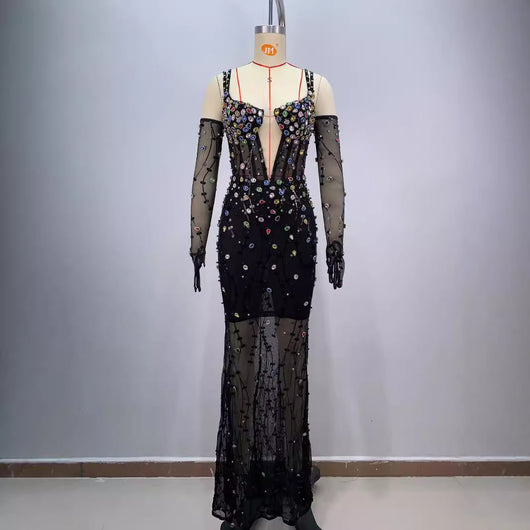 Vestido de Malla Elegante con Cristales Brillantes y Cintura Ajustada - Image 2