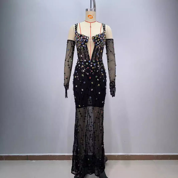 Vestido de Malla Elegante con Cristales Brillantes y Cintura Ajustada