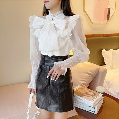 Blusa Femenina de Encaje con Moño y Color Liso