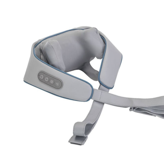 Light gray shoulder and neck massager with blue trim, featuring control buttons and adjustable straps. - Image 48