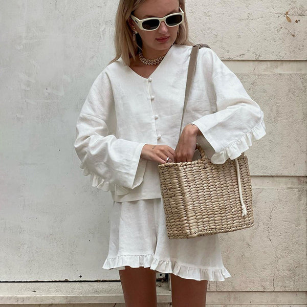 Conjunto de Dos Piezas: Camisa Suelta de Manga Larga y Shorts Casual
