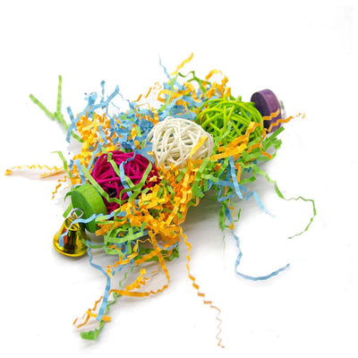 Set of 3 colorful bird toys with rattan balls, shredded paper, wooden blocks, and bells for parrots. - Image 3
