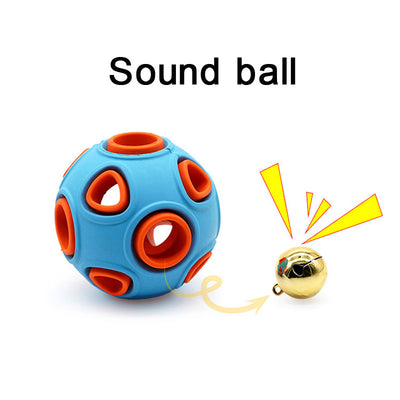 Blue and orange rubber pet toy ball with multiple circular cutouts, designed for interactive play and chewing. - Image 12