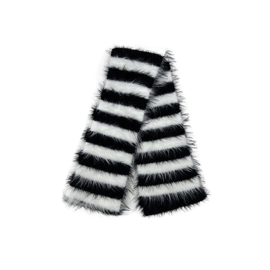 Bufanda de Lana Tejida a Rayas Blanco y Negro con Pelo de Visón - Image 8