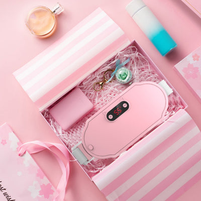 Pink stomach warming belt with vibration and heating, USB charging cable, two wormwood bags, and manual in a floral gift box.