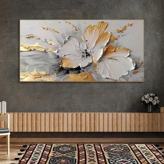 Cuadro Abstracto Moderno Flores Dorado y Blanco - Lienzo Óleo Artesanal sin Marco - Image 13