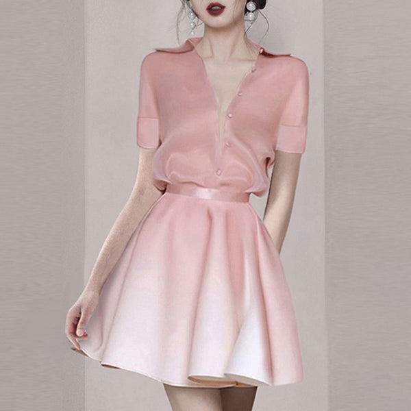 Conjunto Dos Piezas: Blusa Coreana Entallada y Falda A-Line