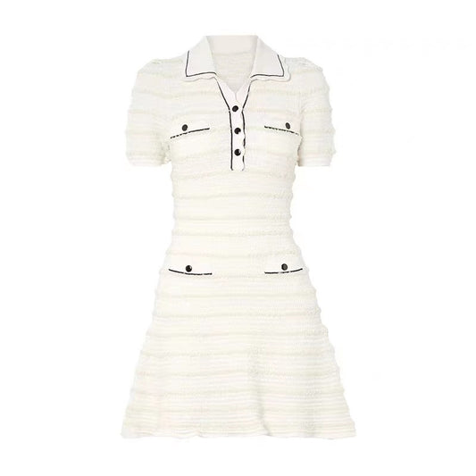 Vestido Marfil a Rayas con Mangas Abullonadas