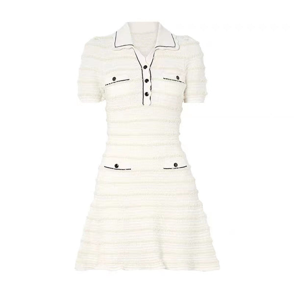 Vestido Marfil a Rayas con Mangas Abullonadas