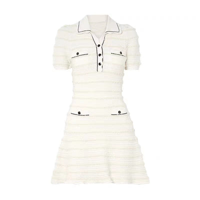 Vestido Marfil a Rayas con Mangas Abullonadas