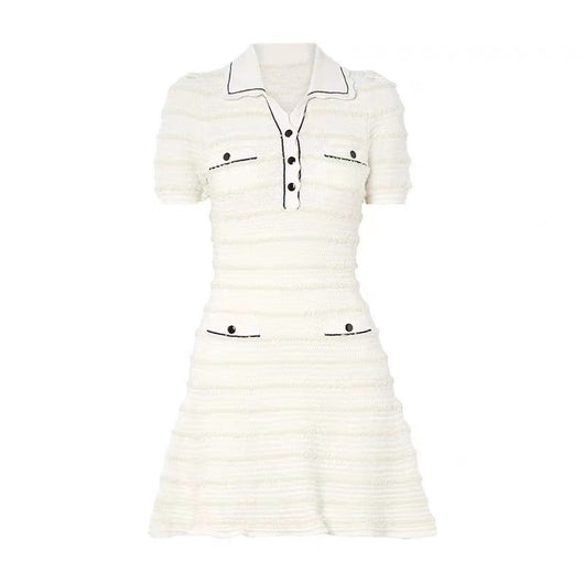 Vestido Marfil a Rayas con Mangas Abullonadas