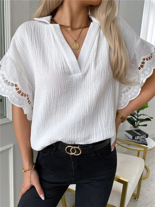 Blusa Casual de Cuello en V con Ribete de Encaje