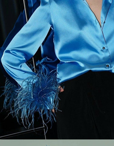 Blusa Larga de Satén Suave con Solapa de Plumas de Avestruz - Lujo Francés para Mujer - Image 10