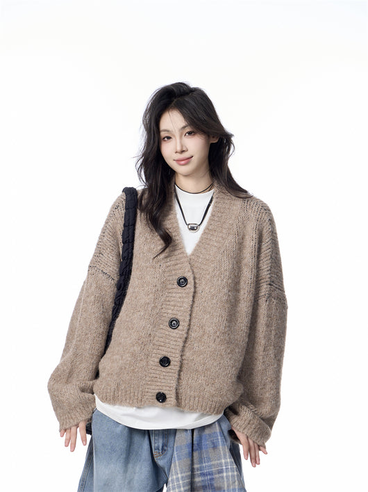 Cardigan de Punto Cuello V Mujer Estilo Relajado Suéter Holgado - Image 23