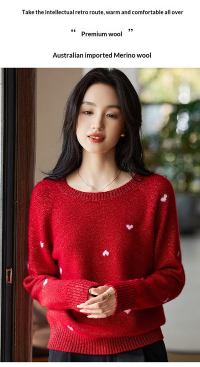 Suéter Rojo de Cuello Redondo para Mujer con Motivo de Corazón - Image 12