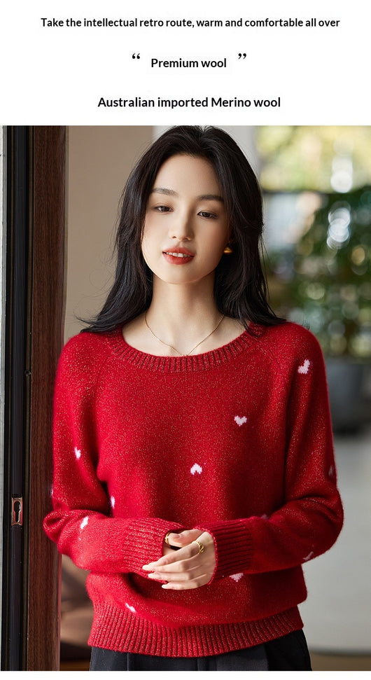Suéter Rojo de Cuello Redondo para Mujer con Motivo de Corazón - Image 12