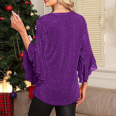 Blusa Suelta de Malla Plateada con Cuello V y Mangas 3/4 Pétalos - Image 46