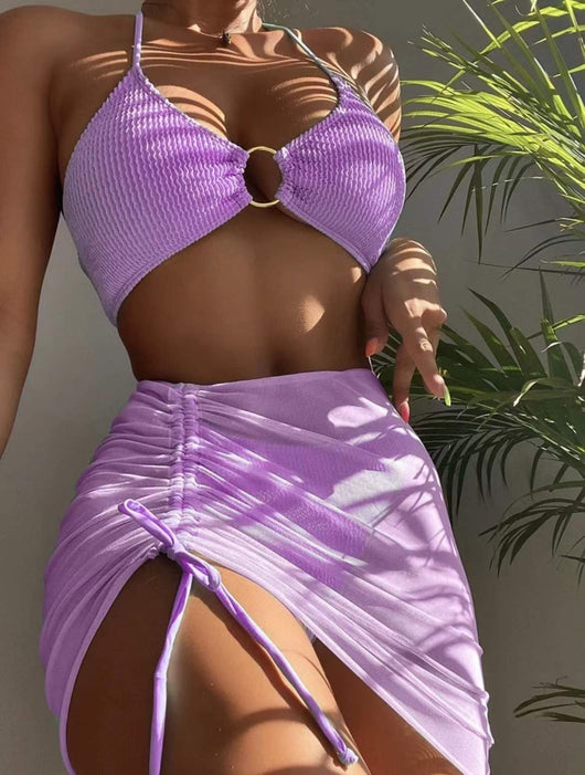 Traje de Baño Mujer Tres Piezas Color Sólido Cuello Halter - Image 4