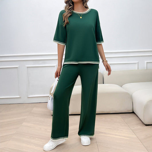 Conjunto de 2 Piezas: Blusa Suelta de Punto con Contraste + Pantalón - Image 3