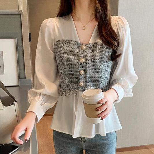 Blusa Elegante Hada de Temperamento - Cuello en V, Manga Larga y Cintura Ajustada