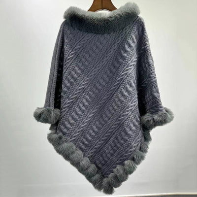 Poncho Tipo Capa de Punto Grueso con Cuello de Pelaje - Image 7