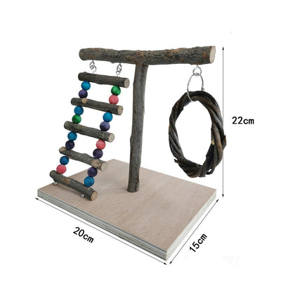 Solid wood parrot play stand with multiple perches, a colorful beaded ladder, a feeding cup, and a hanging vine toy. - Image 3