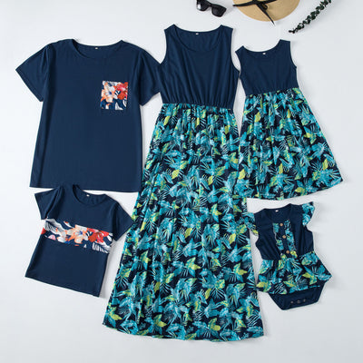 Family matching outfits including a peach and floral maxi dress, two short-sleeve shirts, a sleeveless dress, and a baby romper. - Image 17