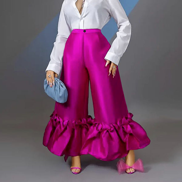 Pantalones Anchos de Cintura Alta con Volantes - Casual y Cómodo