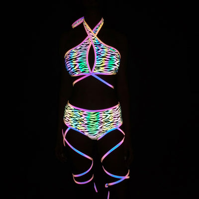 Traje de Baño Reflectante de Tres Piezas con Estampado Colorido para Mujer - Image 5