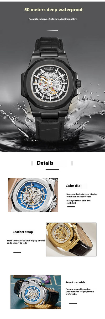 Reloj Mecánico Impermeable para Hombre con Correa de Cuero Barril - Image 13