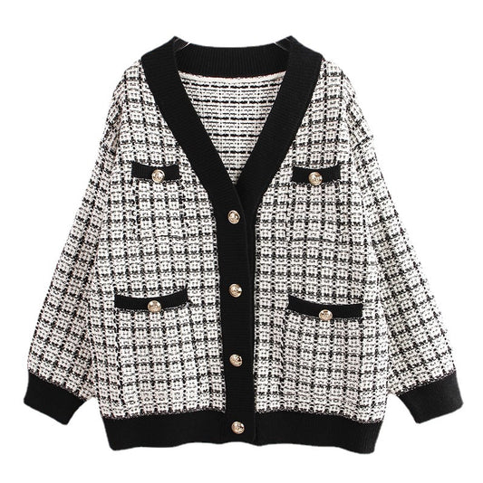 Cardigan Tejido Cuadros Mujer Estilo Elegante Oversize Abrigo Grueso
