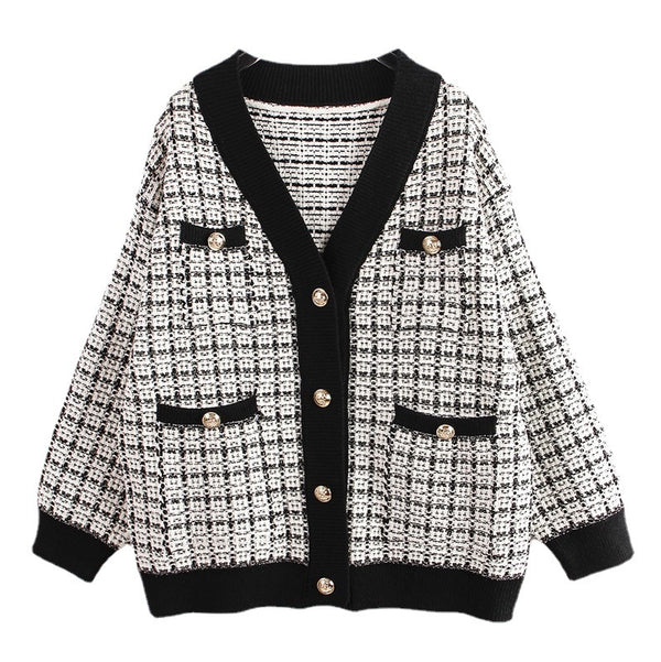 Cardigan Tejido Cuadros Mujer Estilo Elegante Oversize Abrigo Grueso