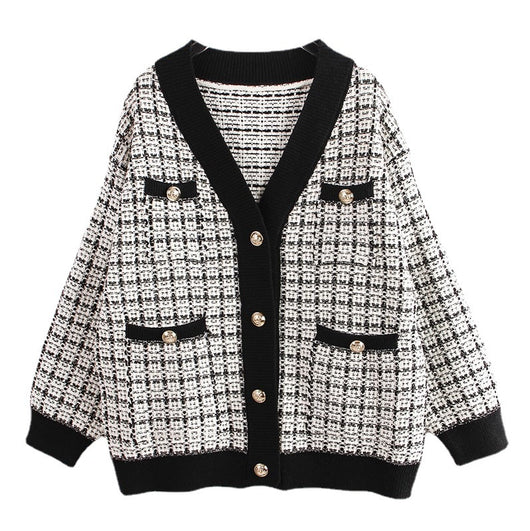 Cardigan Tejido Cuadros Mujer Estilo Elegante Oversize Abrigo Grueso