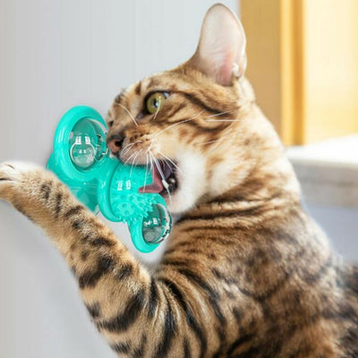 Gray tabby cat playing with a teal windmill cat toy featuring a suction cup base, textured ball, and colorful spinning paddles. - Image 4