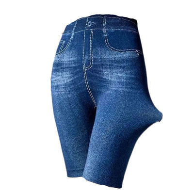 Shorts Capri de Talle Alto Elástico con Efecto Denim - Shorts de Seguridad - Image 5