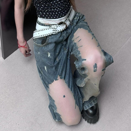Jeans Rotos Vintage Lavado Desteñido con Detalles Calados para Mujer - Image 2